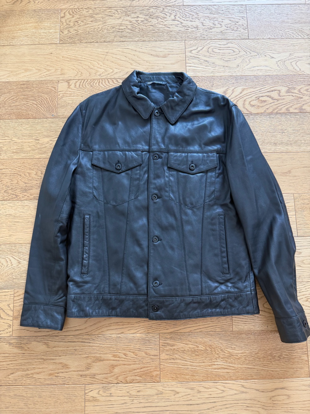 Zara Leather Trucker Jacket Fall Layering Minimal Moto XL
